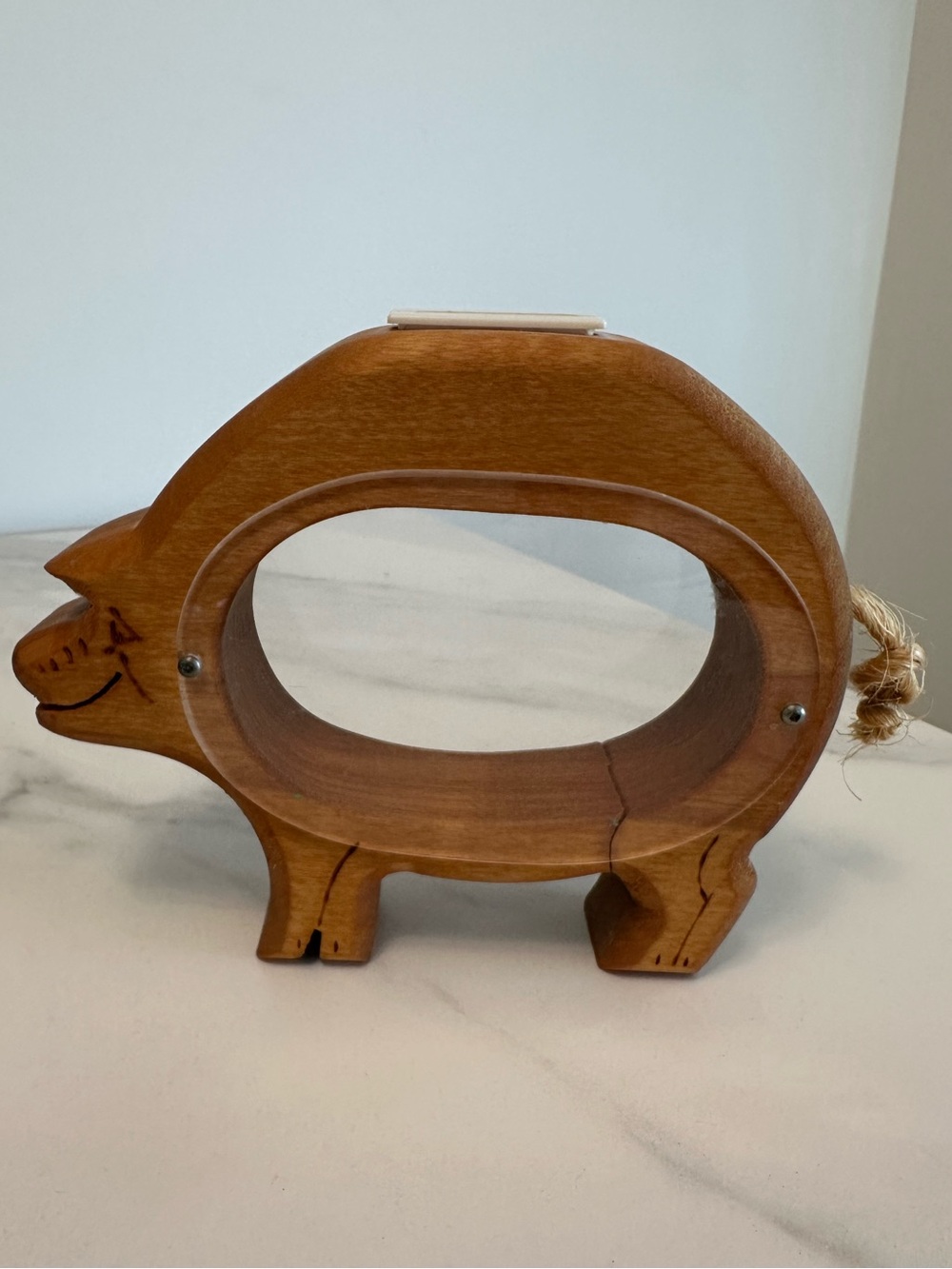 Vintage Handcrafted Wooden Pig Piggy Bank w/ Rope Tail & Acrylic Viewing Window